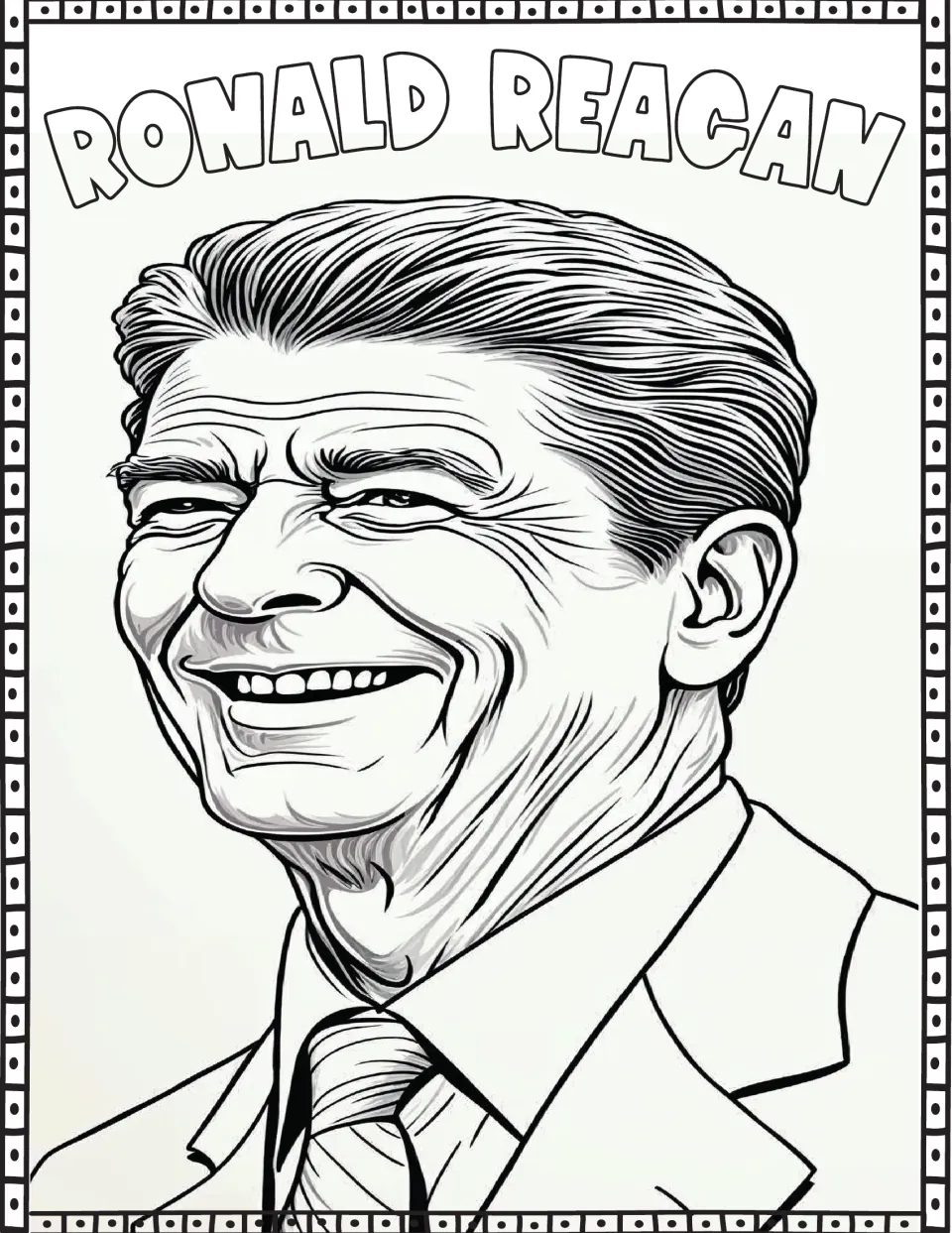 Presidents' Day coloring page featuring Ronald Reagan's smiling portrait and his name in outlined letters