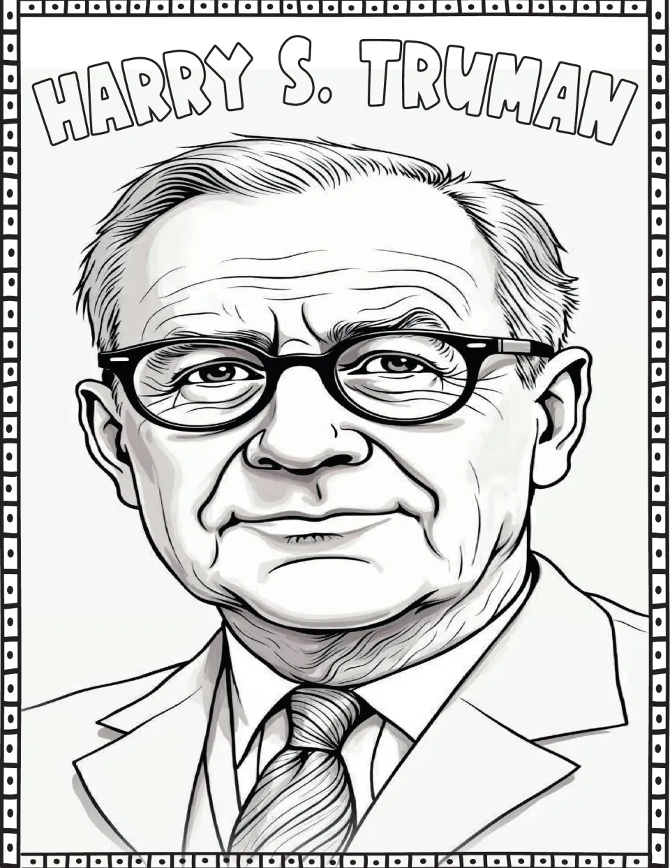 Presidents' Day coloring page featuring Harry S. Truman's portrait and his name in outlined letters