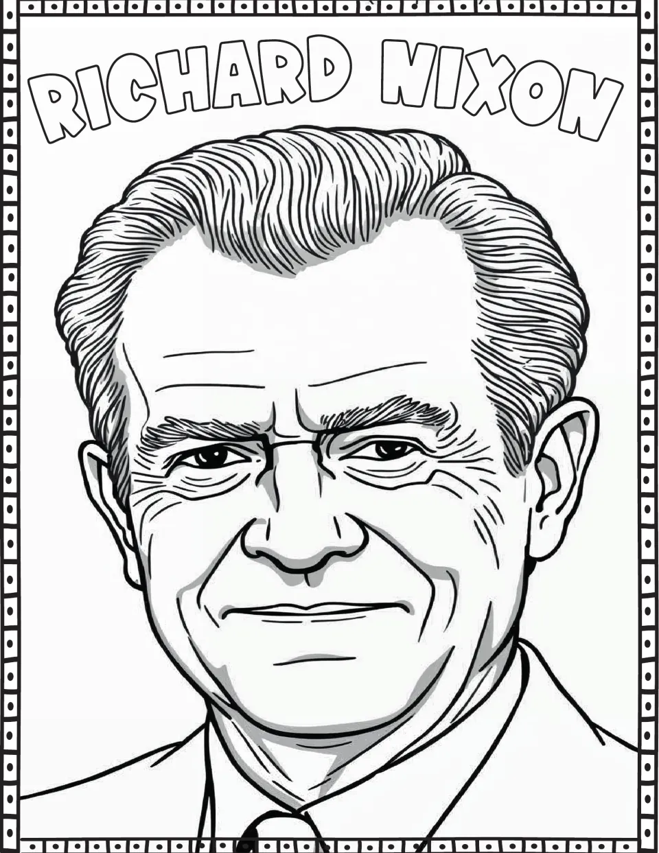 Presidents' Day coloring page featuring Richard Nixon's portrait and his name in large outlined letters