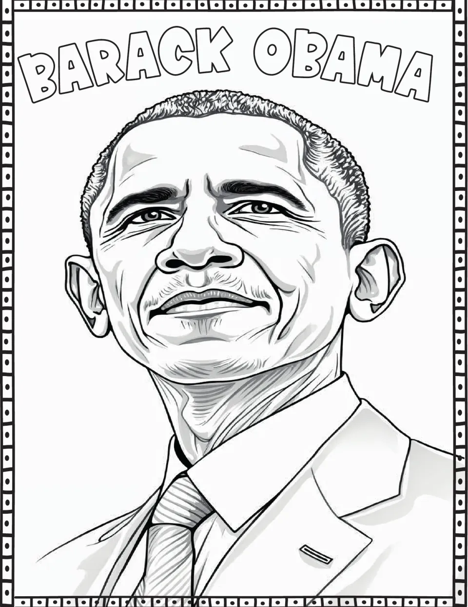 Presidents' Day coloring page featuring Barack Obama's portrait and his name in large outlined letters