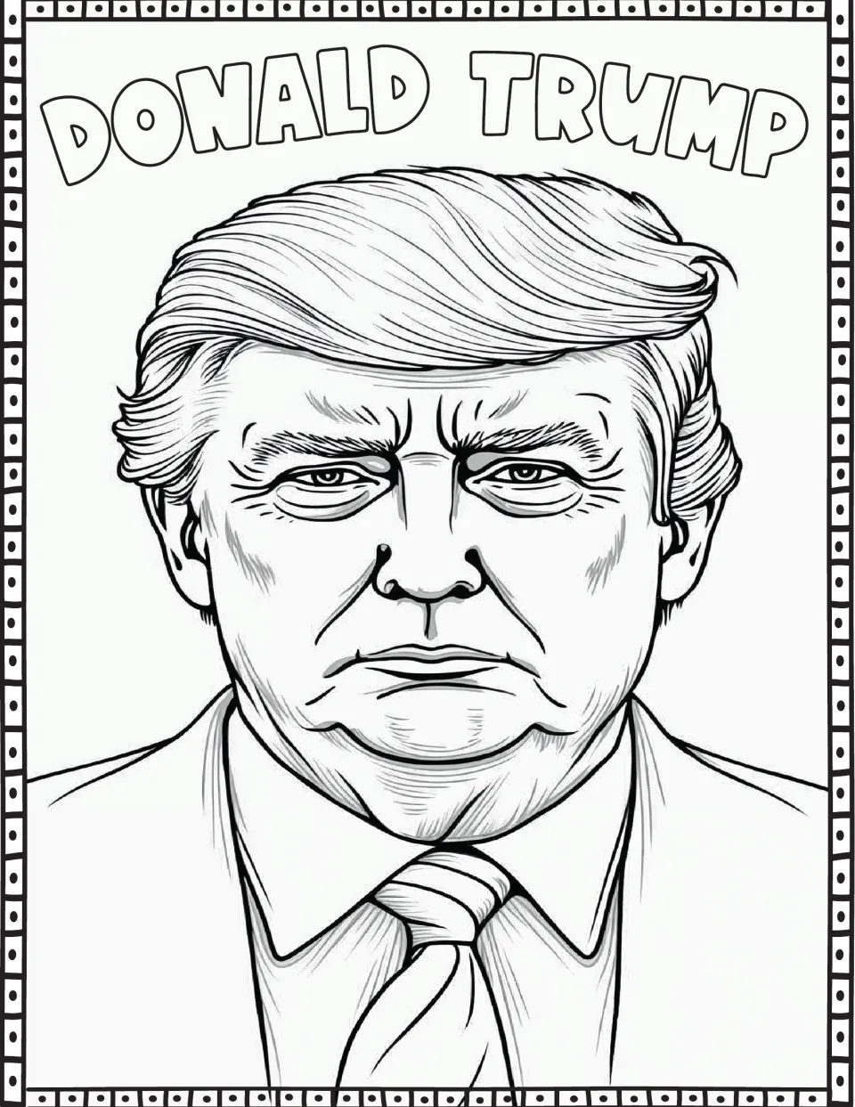 Presidents' Day coloring page featuring Donald Trump's portrait and his name in large outlined letters