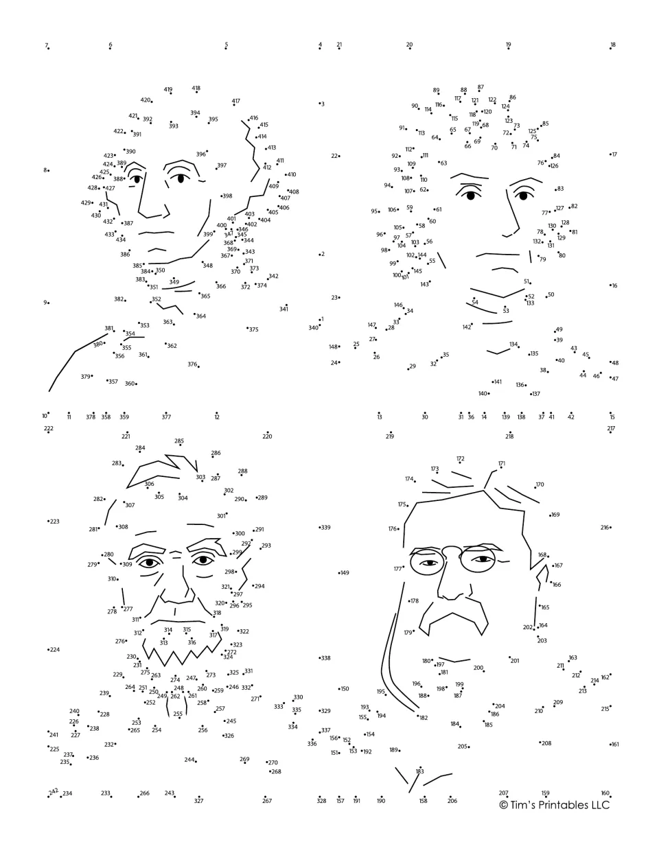 Presidents' Day dot-to-dot puzzle featuring Washington, Jefferson, Lincoln, and Theodore Roosevelt