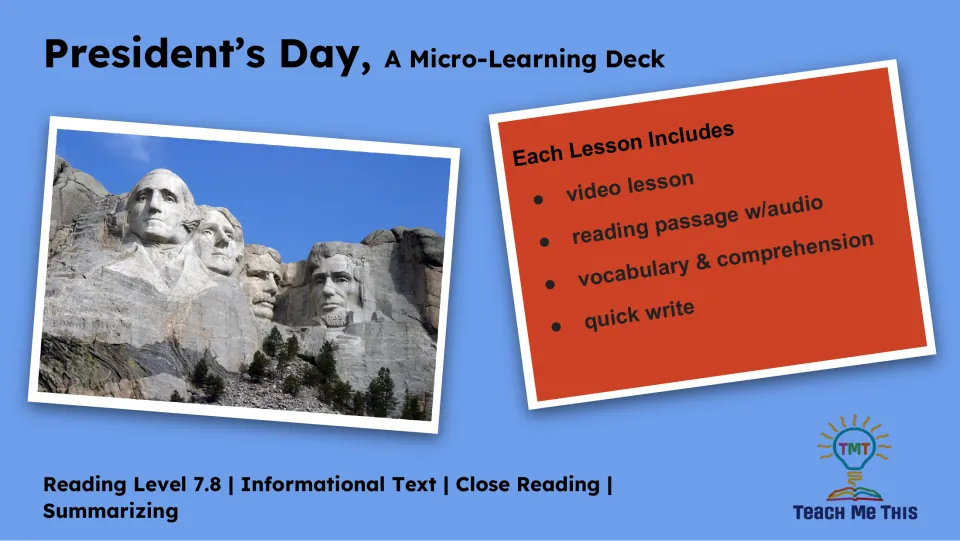 Lesson overview listing a video lesson, reading passage with audio, vocabulary, comprehension, and quick write
