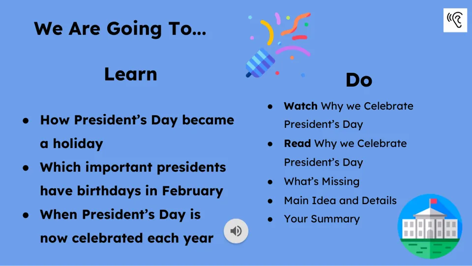 Learning goals cover the holiday’s origins, February birthdays, and annual date, followed by lesson tasks