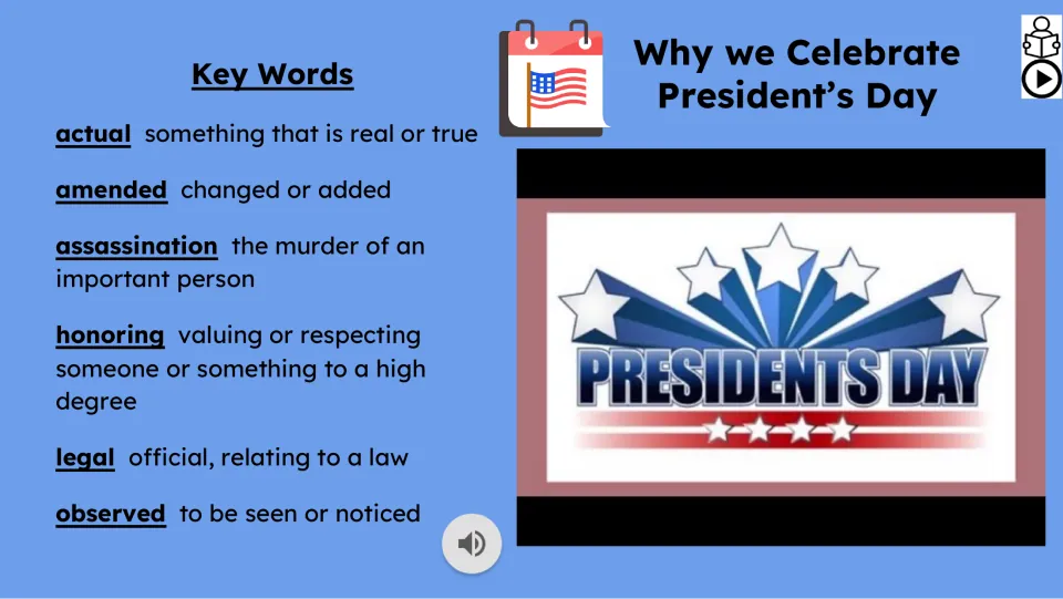 Vocabulary and video introduction defining actual, amended, assassination, honoring, legal, and observed