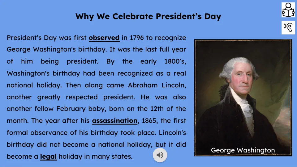 Reading passage, part 1, explains Washington’s birthday observance and recognition of Lincoln’s birthday