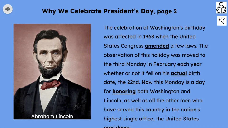 Reading passage, part 2, explains the amended holiday date and honoring Washington, Lincoln, and other presidents