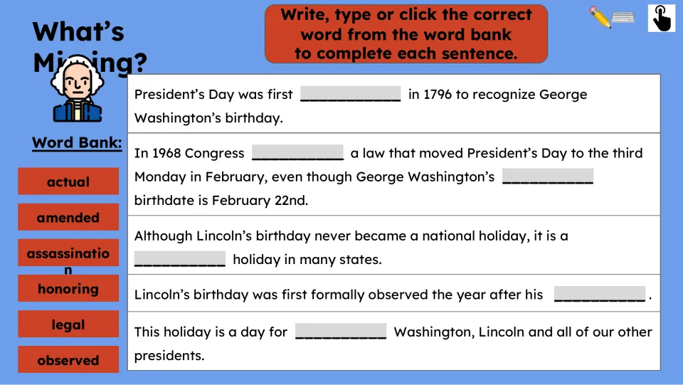 Vocabulary practice asks students to complete five holiday-history sentences using six words from a word bank