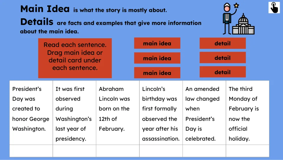 Main idea and detail practice asks students to classify six statements about the holiday and presidential birthdays