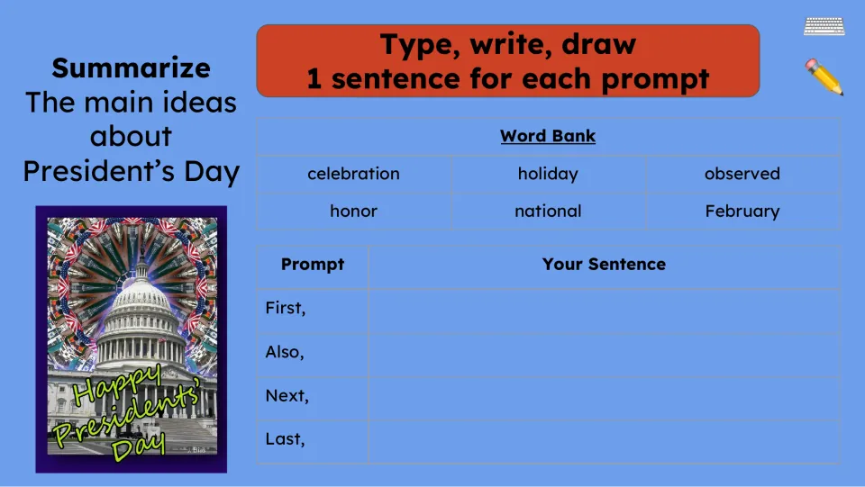 Summary activity asks for one sentence per prompt: First, Also, Next, and Last, supported by a word bank