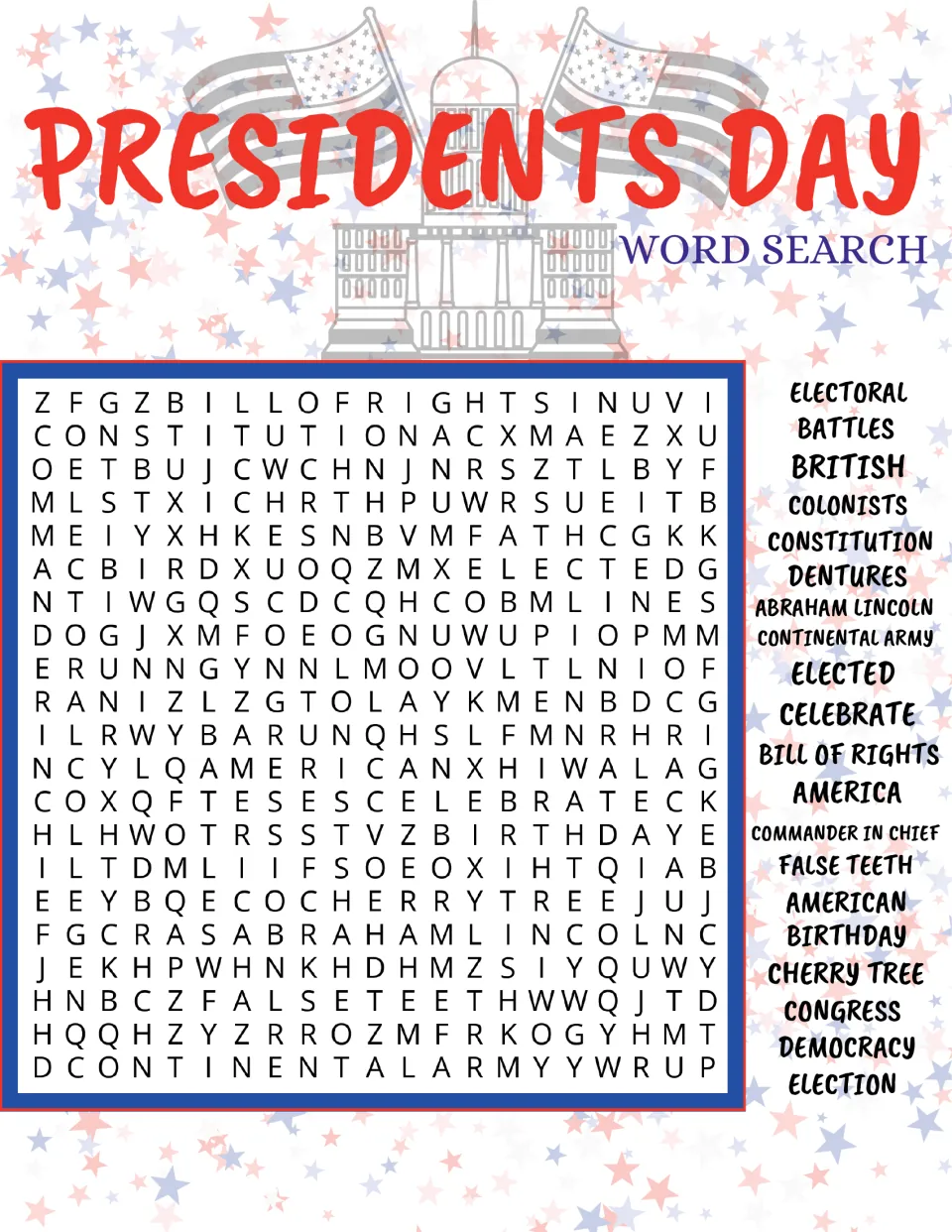 Presidents Day word search: students find 20 words such as Constitution, Bill of Rights, Abraham Lincoln and Cherry Tree