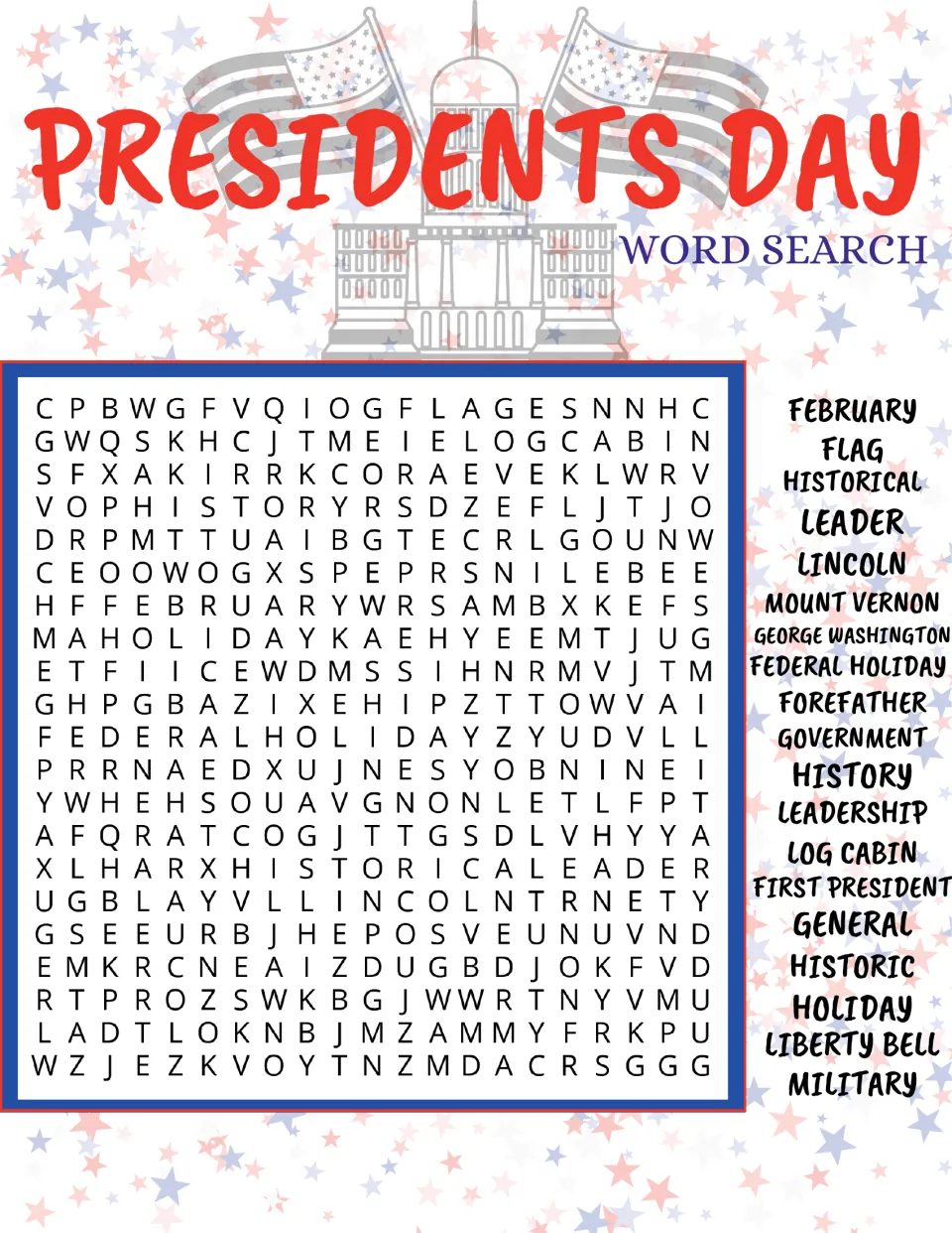 Presidents Day word search 2: students hunt for George Washington, Mount Vernon, Liberty Bell, Log Cabin and more terms