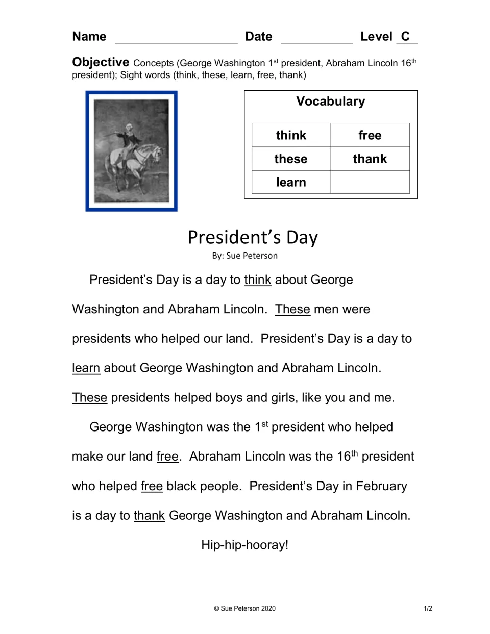 Reading passage about Washington and Lincoln with sight words think, these, learn, free, and thank.