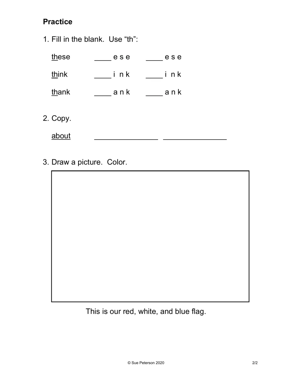 Reader practice: complete these, think, and thank using th, copy about, and draw and color the U.S. flag.