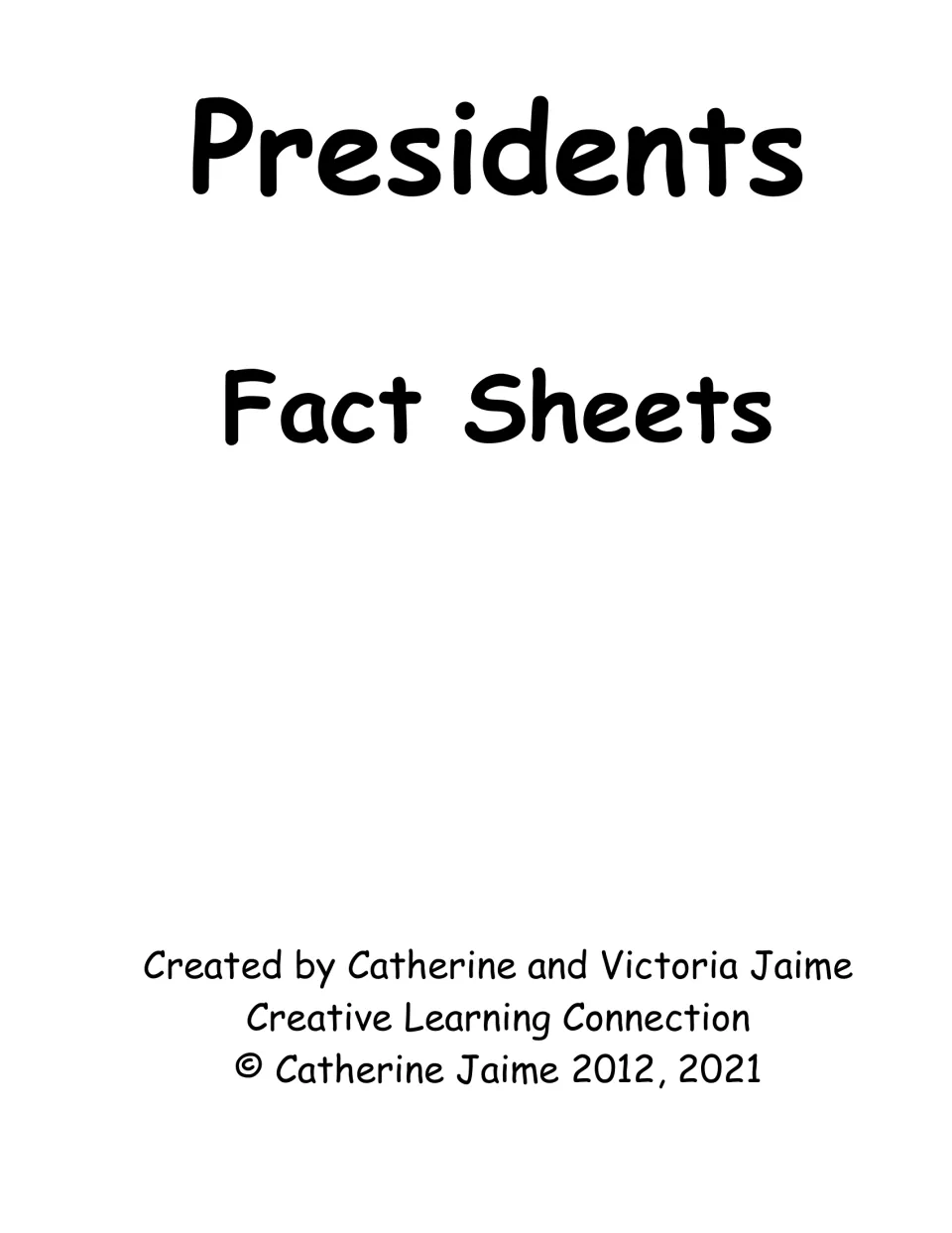 Title page naming creators Catherine and Victoria Jaime of Creative Learning Connection, with copyright dates 2012 and 2021