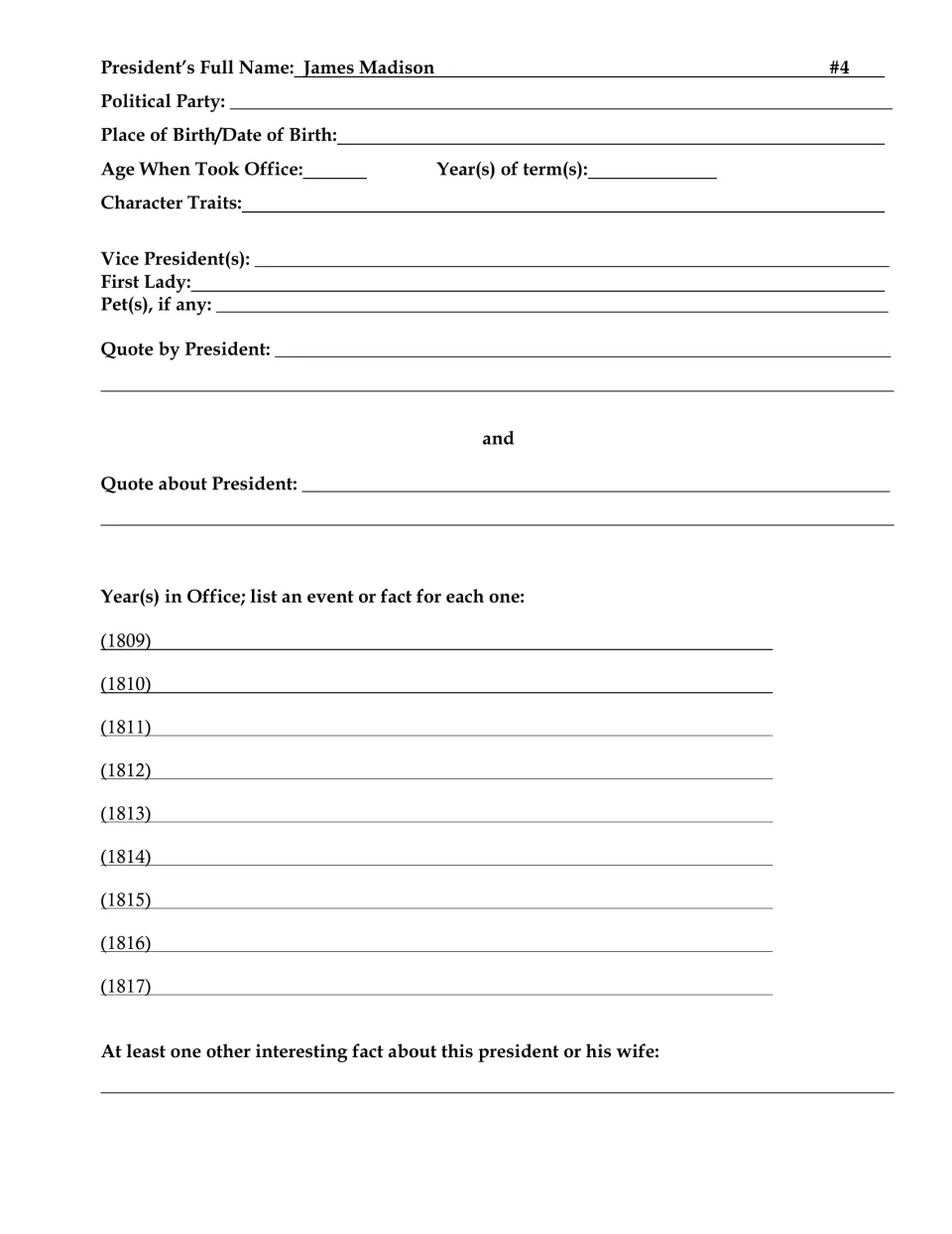 James Madison (#4) fact sheet: students note party, First Lady, quotes by and about him, and one event per year, 1809-1817