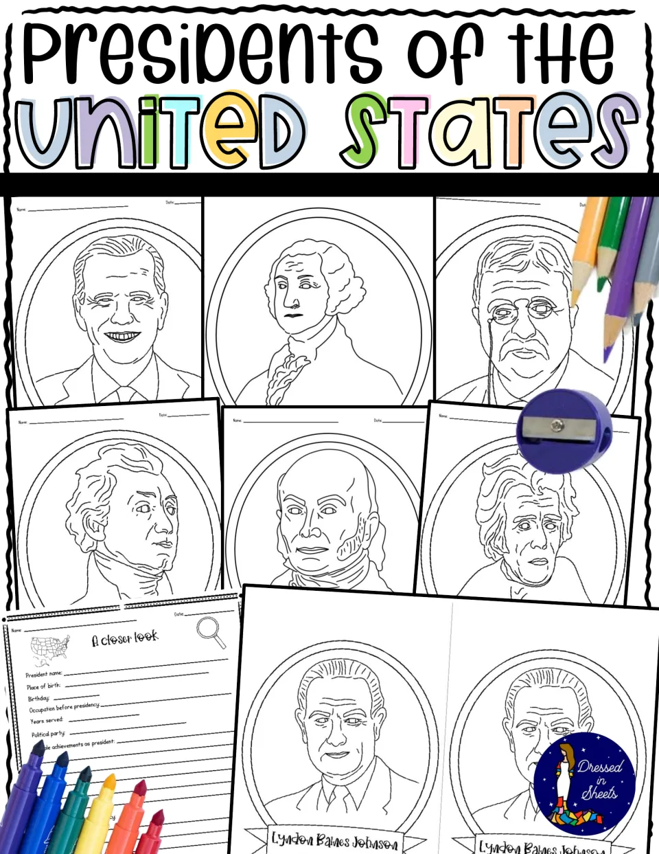 Presidents of the United States cover: coloring portraits of presidents and an A Closer Look fact sheet on each president