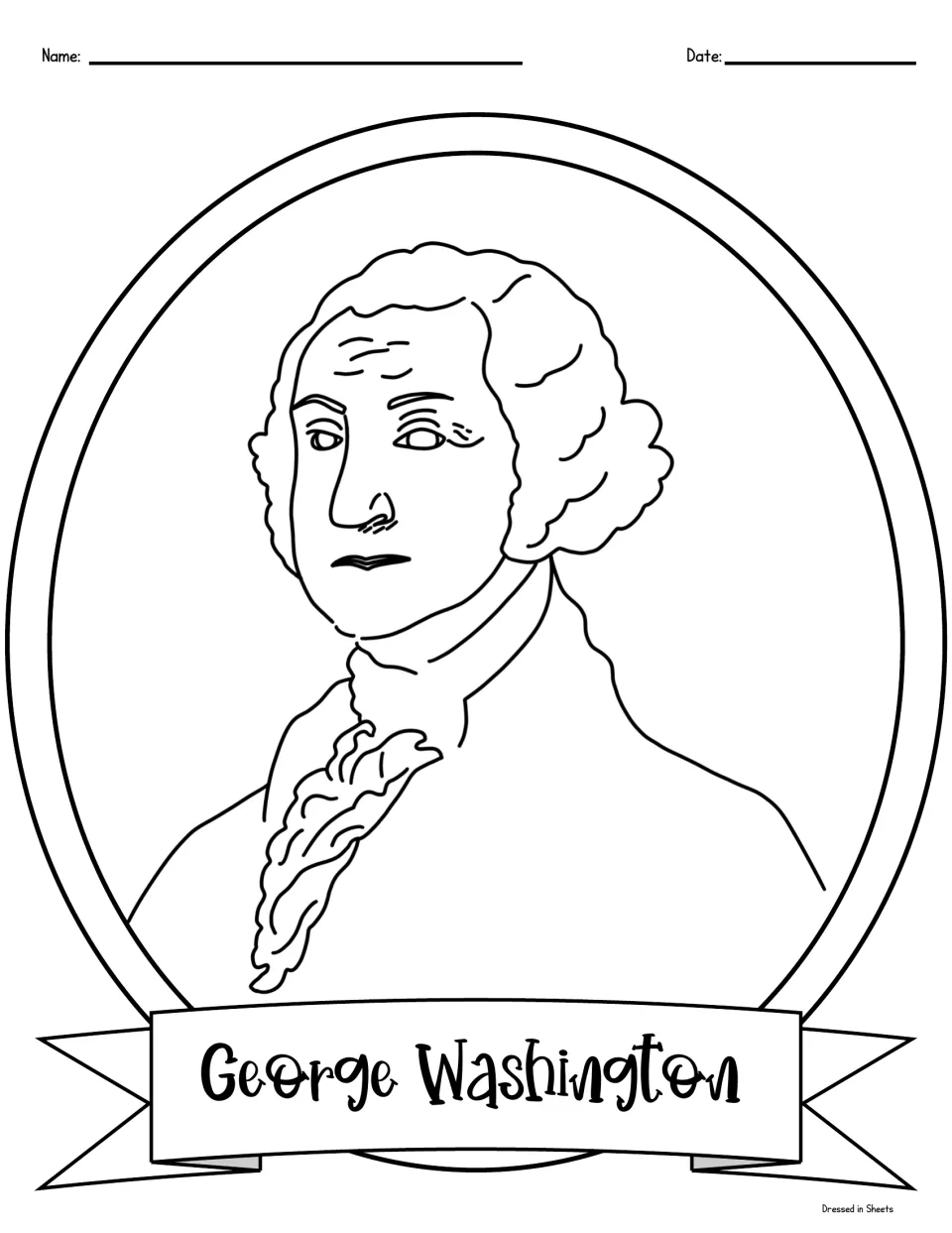 George Washington coloring portrait: students color a line drawing of the first president, his name on a ribbon below