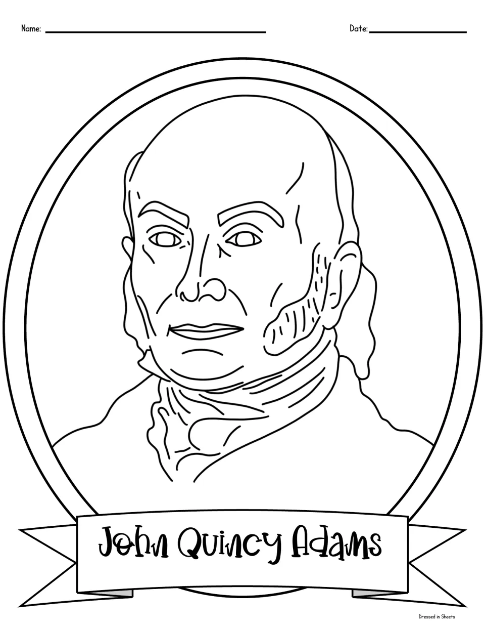 John Quincy Adams coloring portrait: students color a line drawing of the sixth president with side whiskers