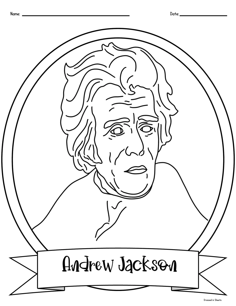 Andrew Jackson coloring portrait: students color a line drawing of Jackson with swept-back hair, name on a ribbon