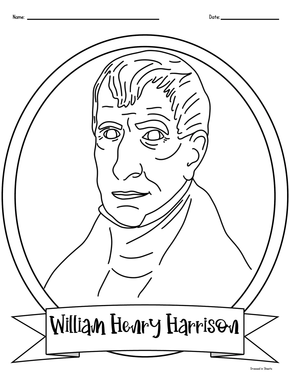 William Henry Harrison coloring portrait: students color a line drawing of the ninth president, name on a ribbon below