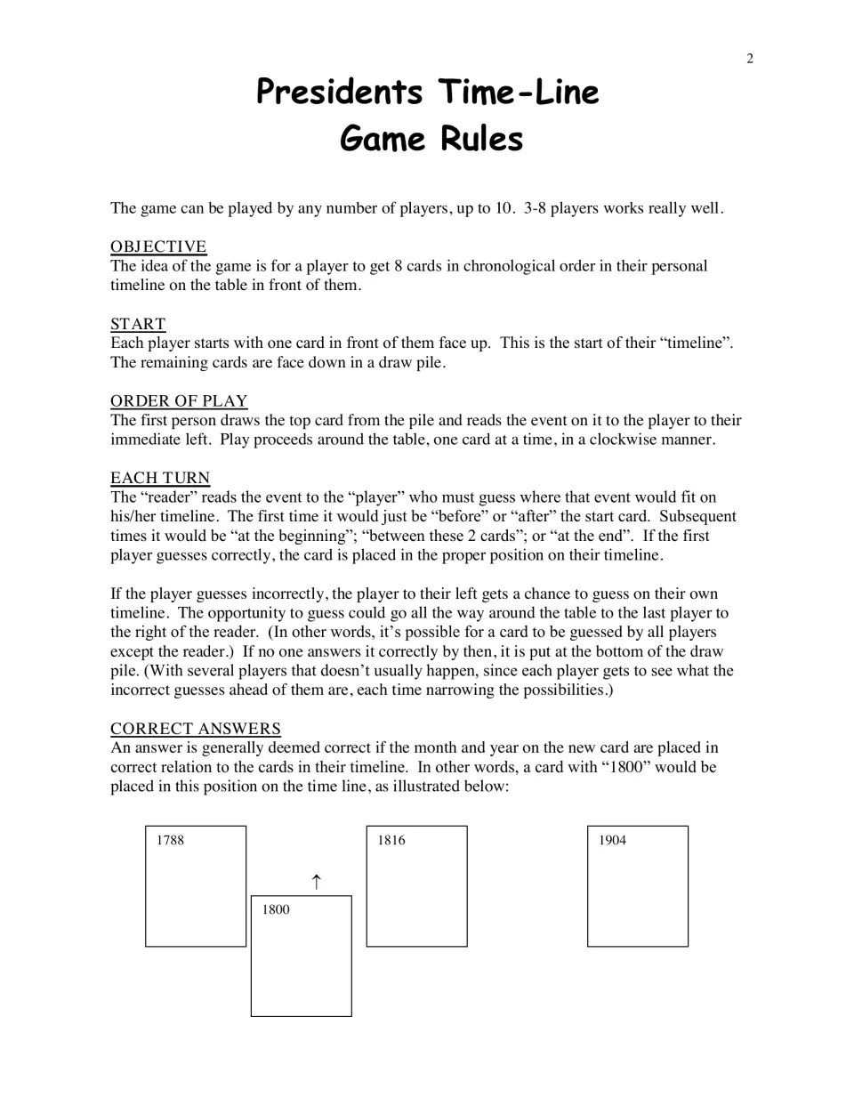 Game rules explain setup, clockwise turns, and placing eight event cards in chronological order to win
