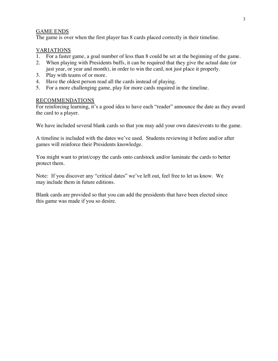 Game rules continue with the eight-card winning goal, five variations, and tips for adding blank cards
