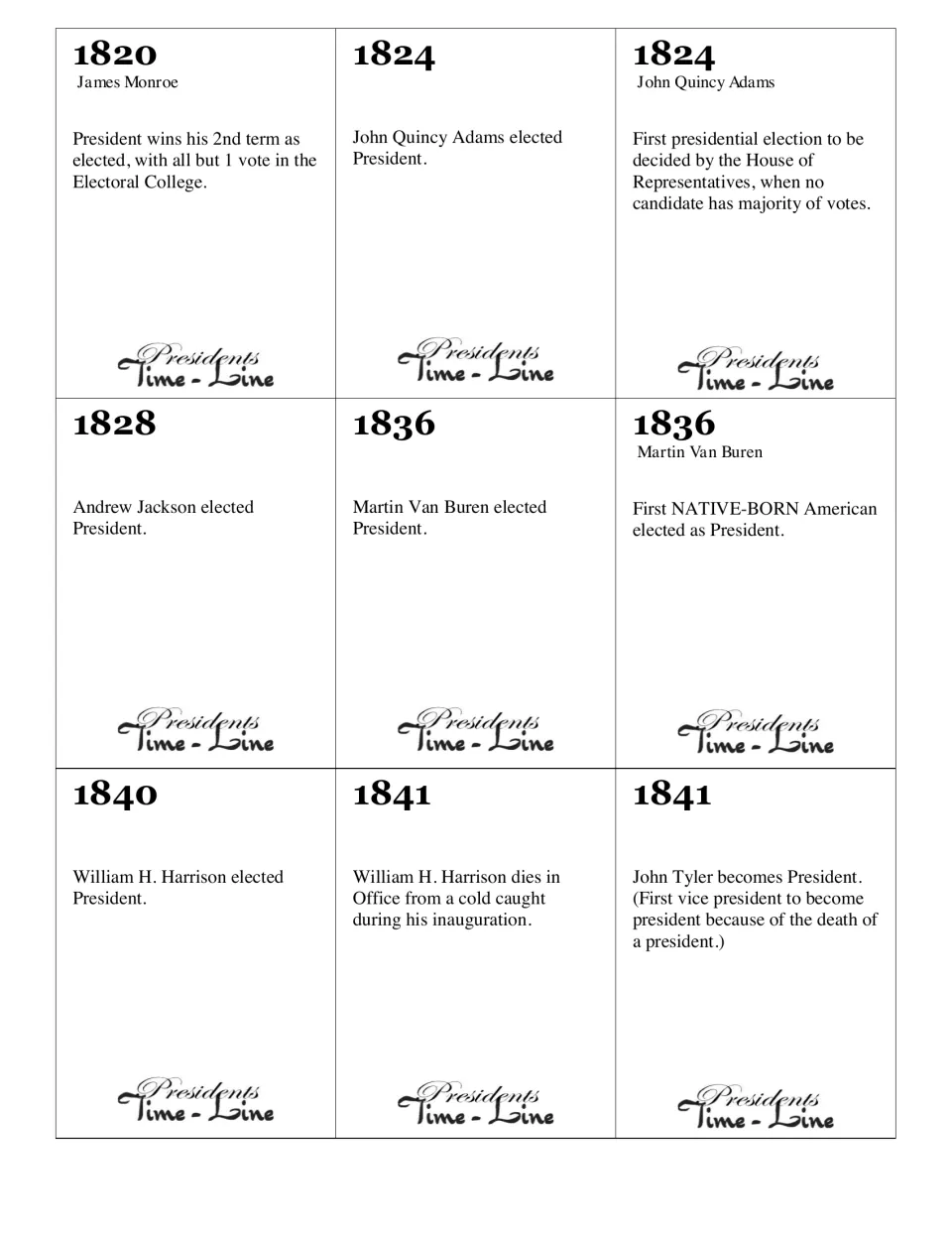 Event cards 10–18 cover 1820–1841, including Monroe's second term, Jackson's election, and Tyler's succession