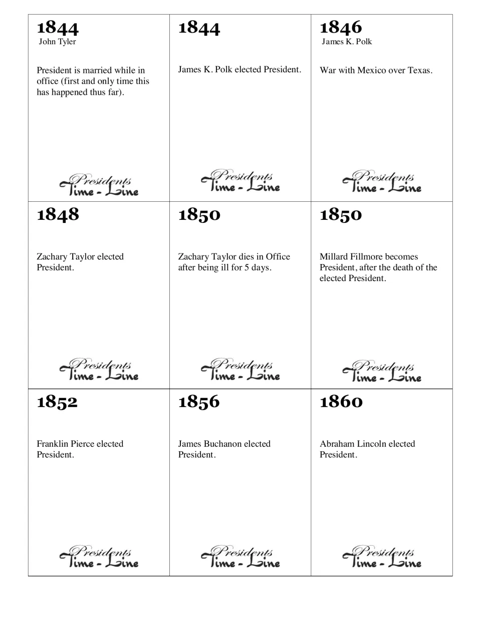 Event cards 19–27 cover 1844–1860, including Tyler's marriage, war with Mexico, and Lincoln's election
