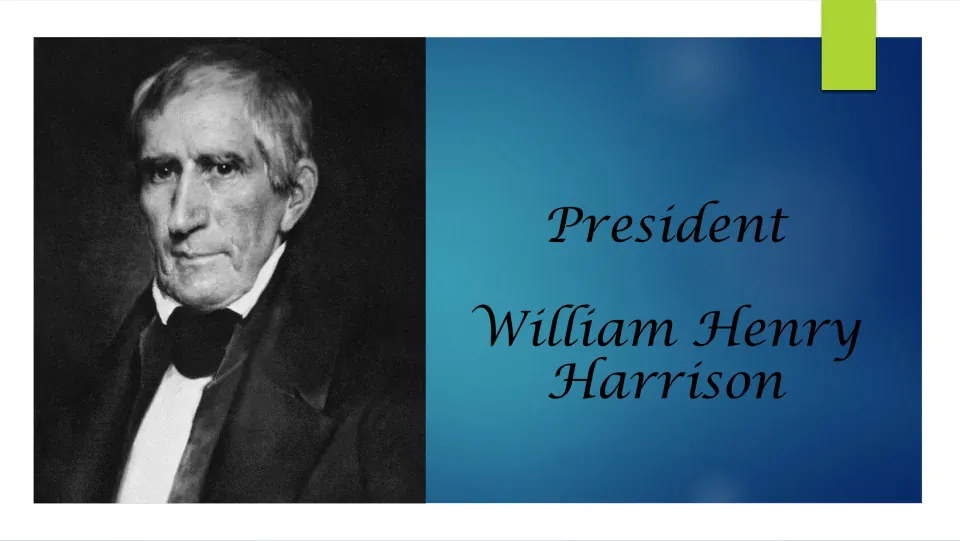 Biography presentation cover introducing President William Henry Harrison with his name and portrait