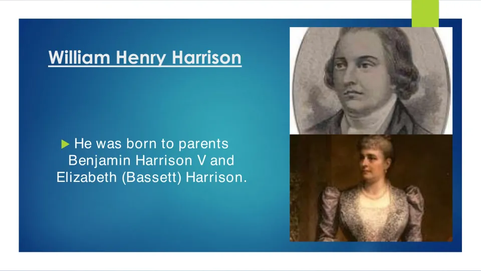 Family background slide naming Harrison’s parents as Benjamin Harrison V and Elizabeth (Bassett) Harrison