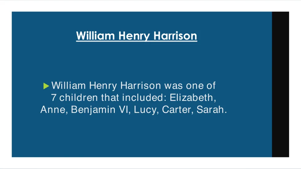 Family slide naming Harrison’s six siblings: Elizabeth, Anne, Benjamin VI, Lucy, Carter, and Sarah