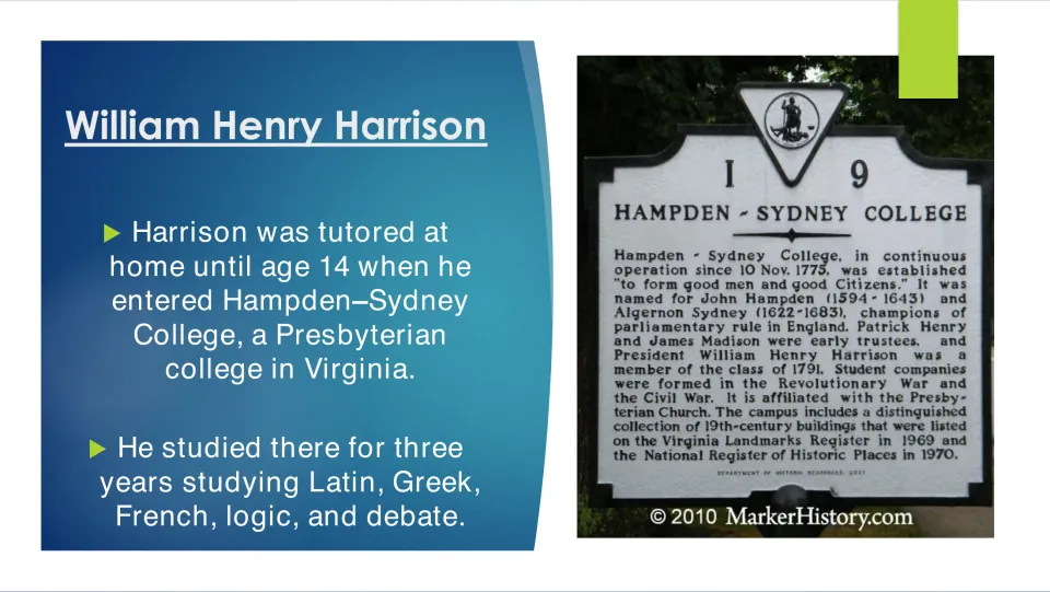 Education slide tracing Harrison’s home tutoring, entry to Hampden–Sydney College at 14, and three years of study