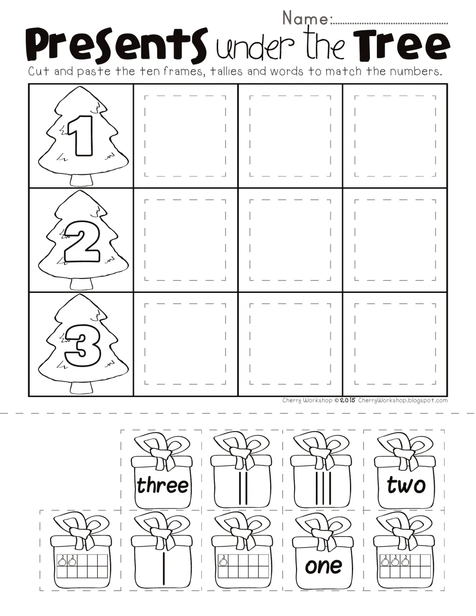 Numbers 1–3 cut-and-paste page: match the words one, two, three, tallies and ten frames to numbered trees
