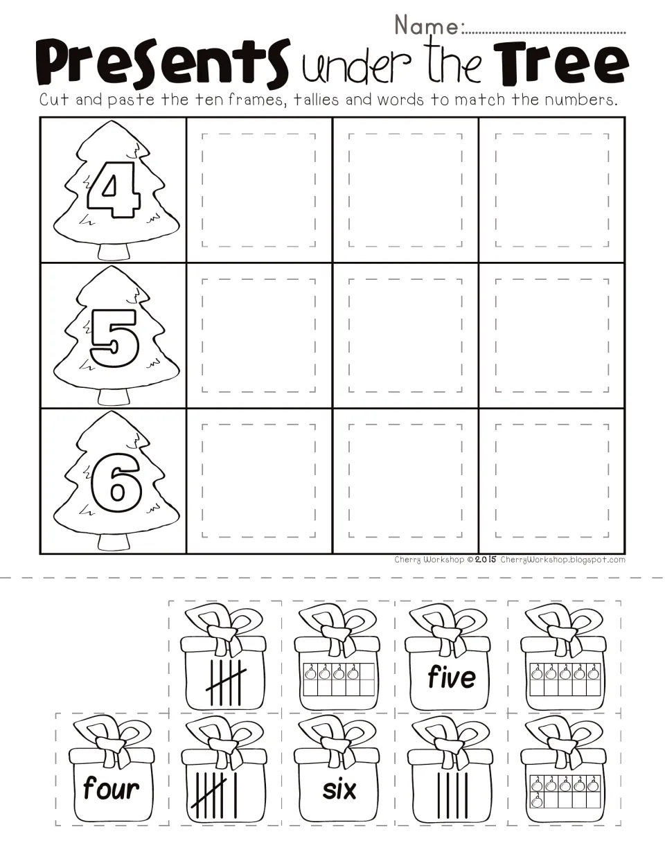Numbers 4–6 cut-and-paste page: gift pieces show four, five, six, tally marks and ten frames to sort onto trees