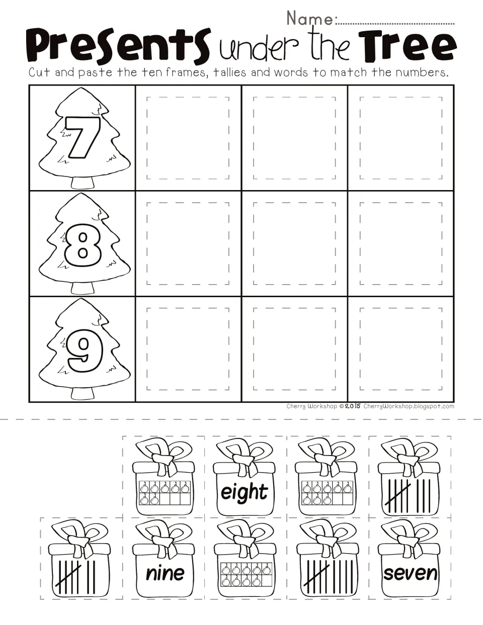 Final cut-and-paste page, numbers 7–9: paste seven, eight, nine, their tallies and ten frames beside each tree