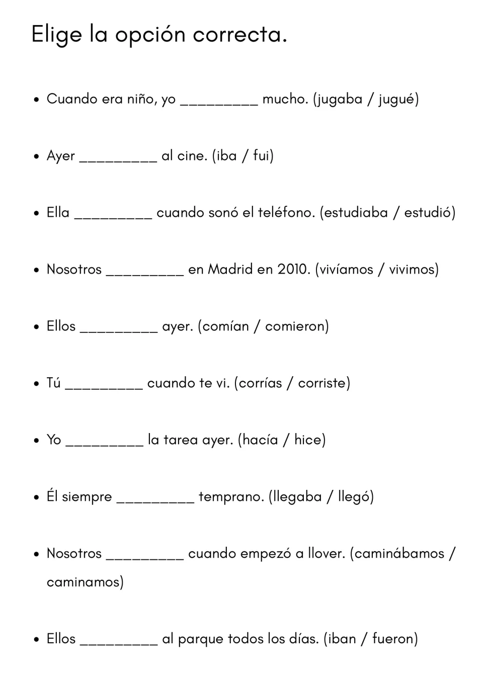 Multiple choice on past tenses: students pick the correct verb form, such as jugaba or jugué, for 10 Spanish sentences