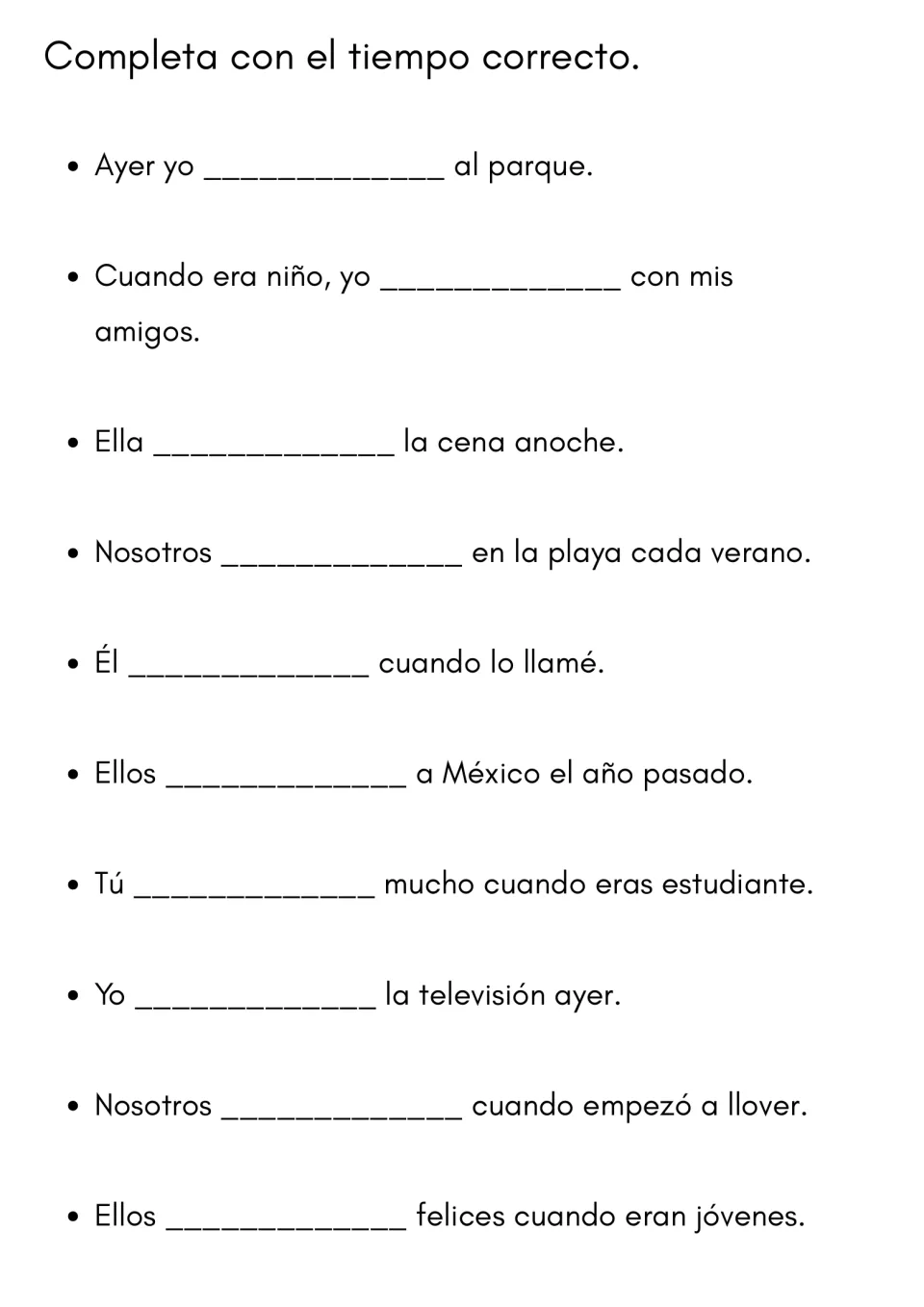 Preterite or imperfect cloze: students supply a past-tense verb for 10 sentences cued by ayer and cada verano