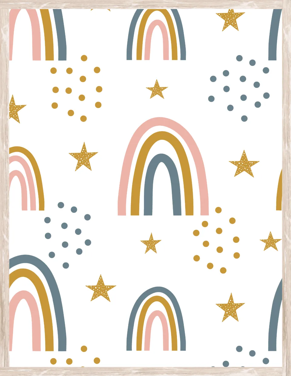 Boho decor paper of pink, mustard and slate-blue rainbows scattered with gold speckled stars and dot clusters