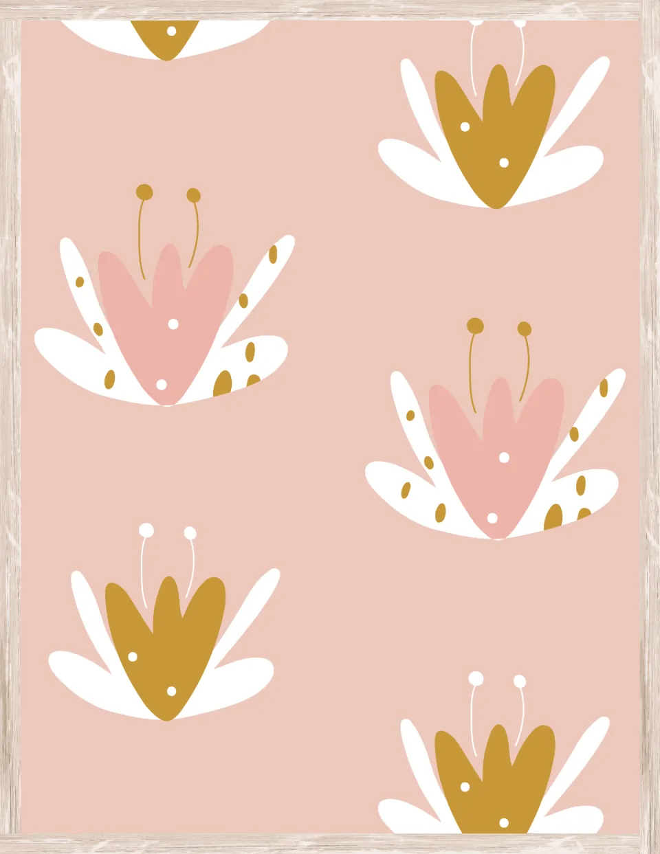 Blush pink decor paper patterned with stylized lotus flowers in pink, mustard and white with tiny antennae stamens
