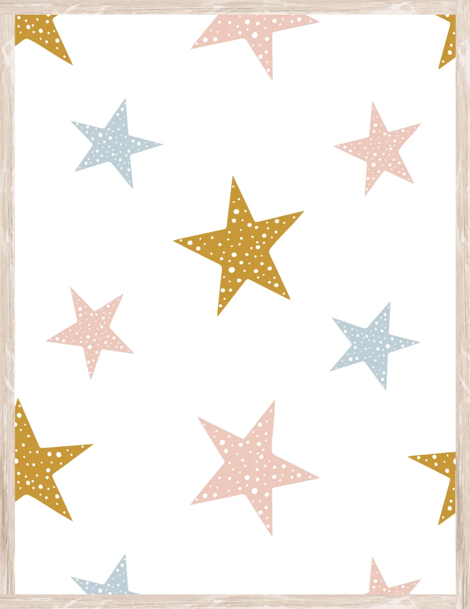 Star decor paper of pink, mustard and pale blue five-point stars, each sprinkled with white dots, on a white background