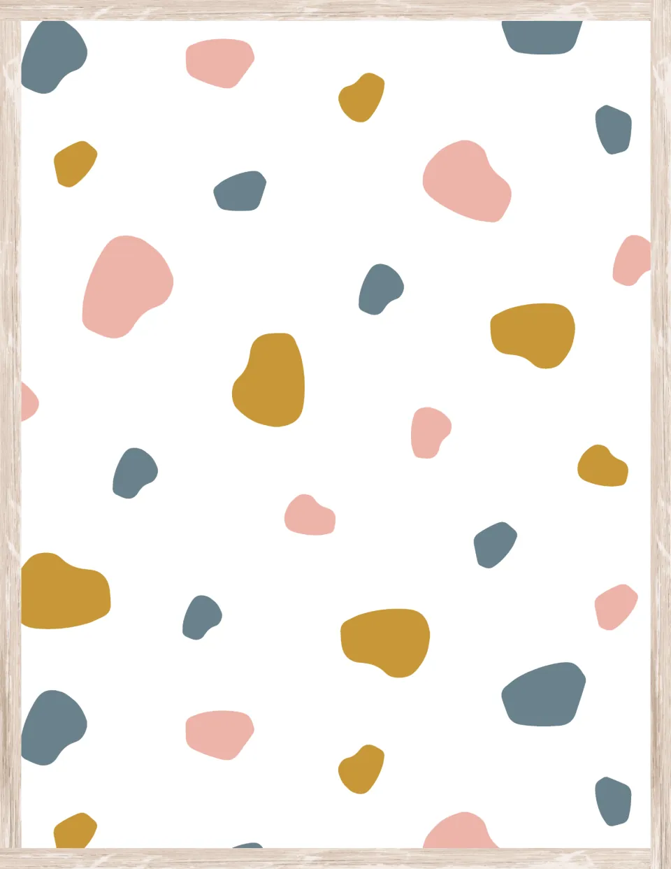 Terrazzo-style decor paper with scattered organic blobs in pink, mustard and slate blue on a white background