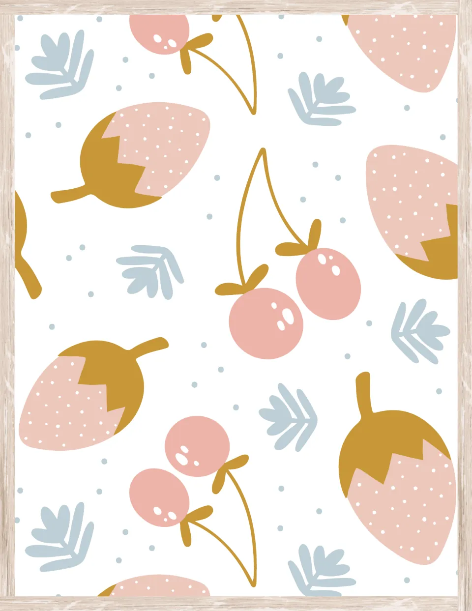 Fruit decor paper of pink speckled strawberries and paired cherries with mustard stems among pale blue leaf sprigs
