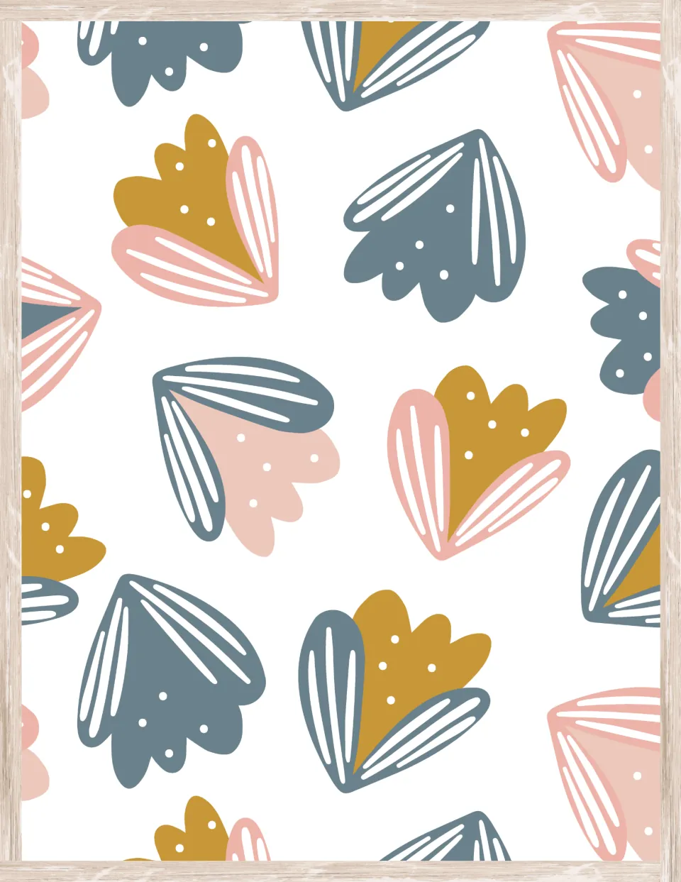 Petal decor paper of tossed tulip-like blooms with striped and dotted petals in slate blue, mustard and pink