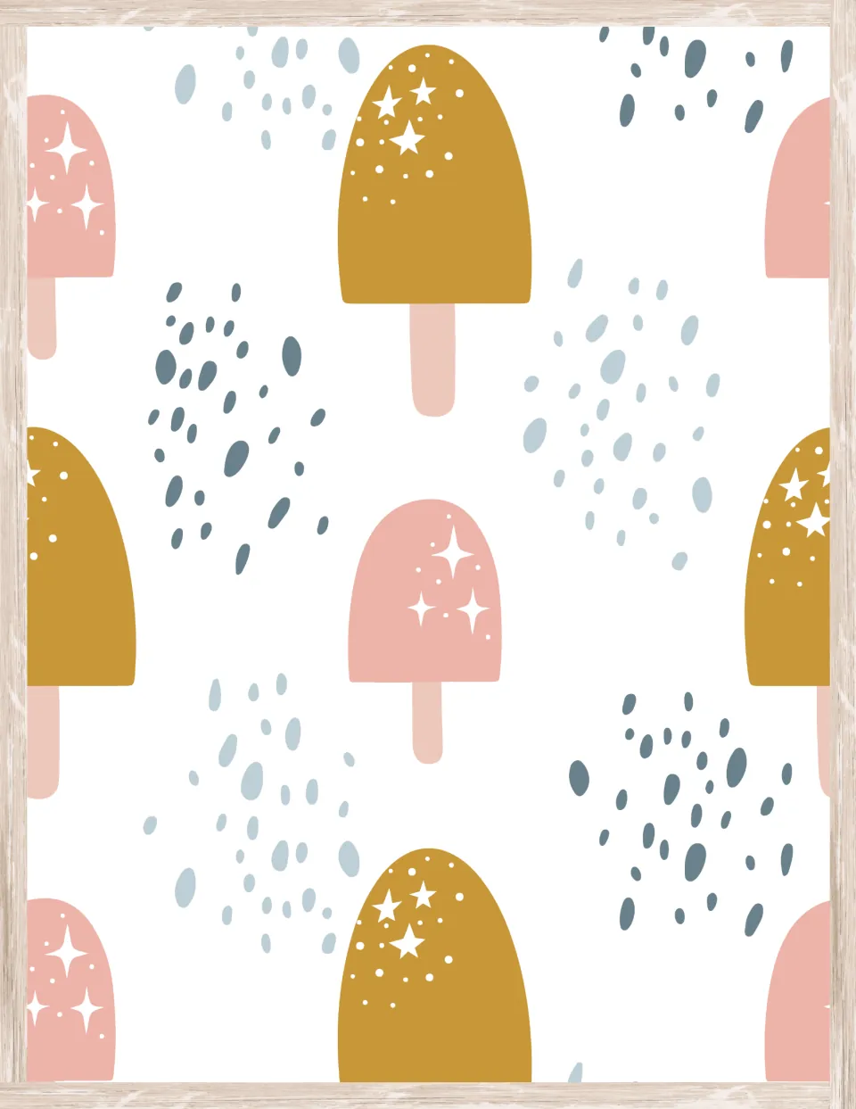Popsicle decor paper of mustard and pink ice pops decorated with white sparkles, between clusters of blue speckles