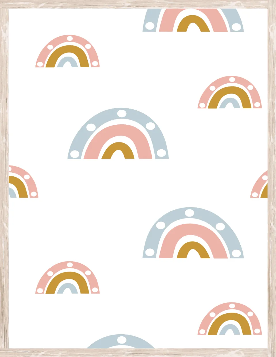 Dotted rainbow decor paper of small arched rainbows in pink, mustard and pale blue with white dots on the outer arc