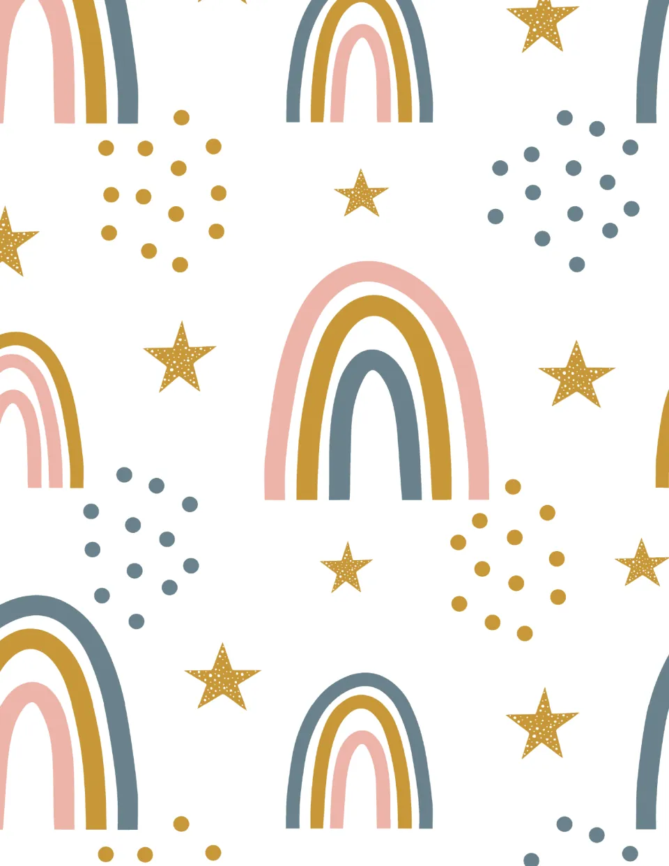 Full-bleed version of the rainbow and star paper: pink, mustard and slate rainbows with gold stars and dot clusters