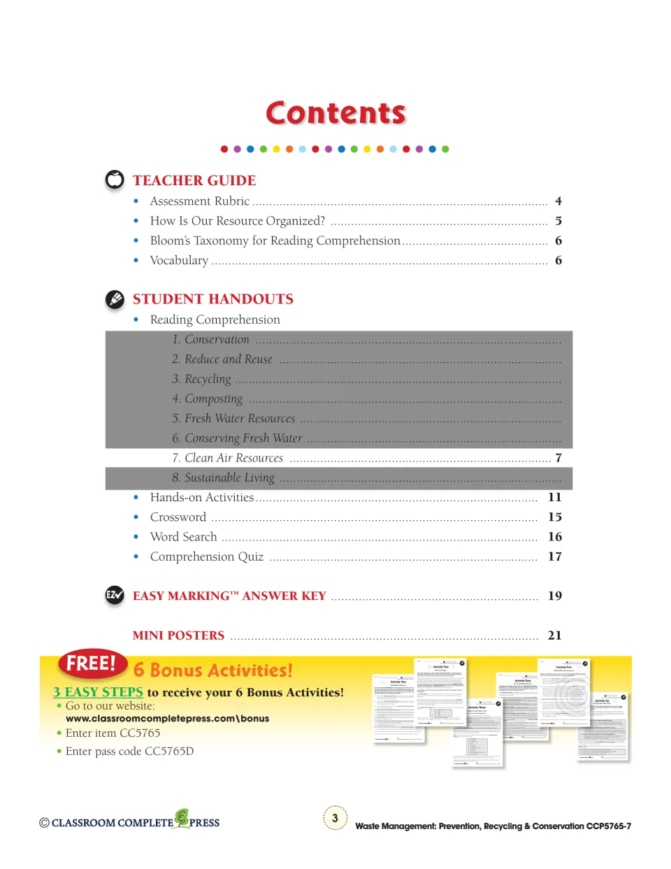 Contents: teacher guide, Clean Air Resources reading on page 7, crossword, word search, quiz and answer key