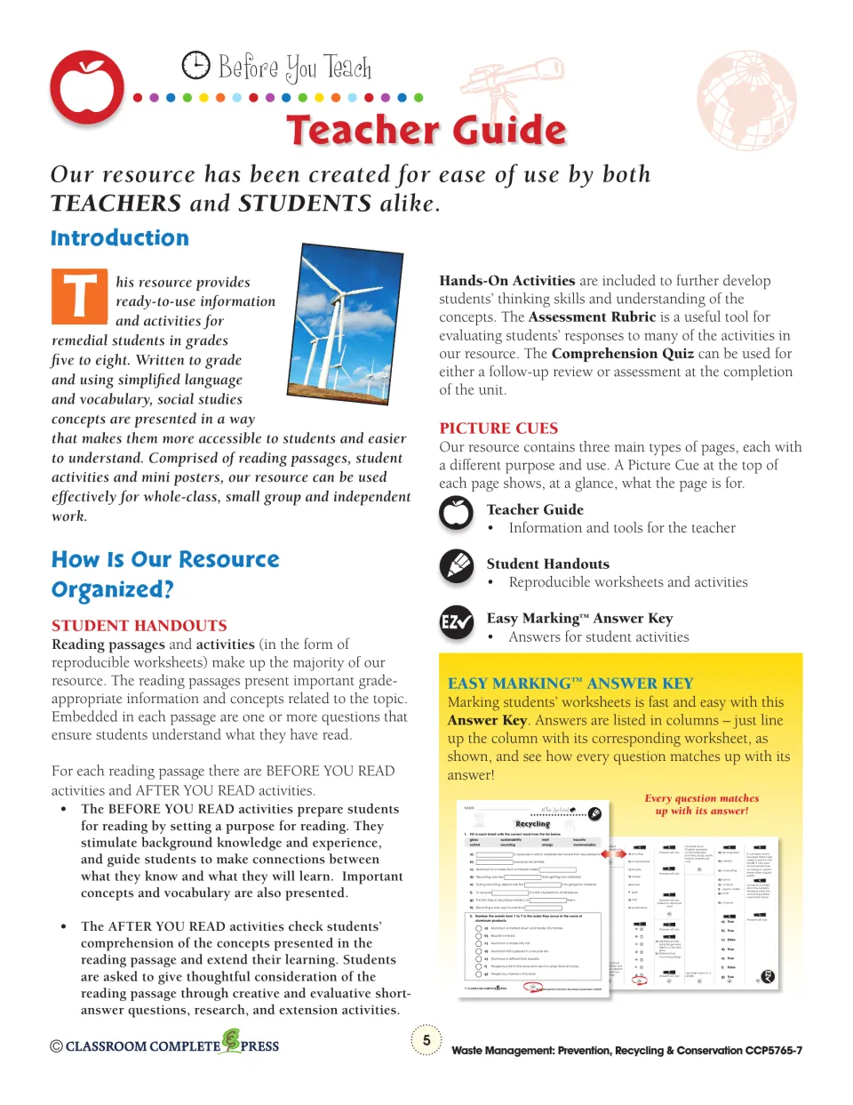 Teacher guide explaining the reading passages, Before and After You Read pages and the answer key format