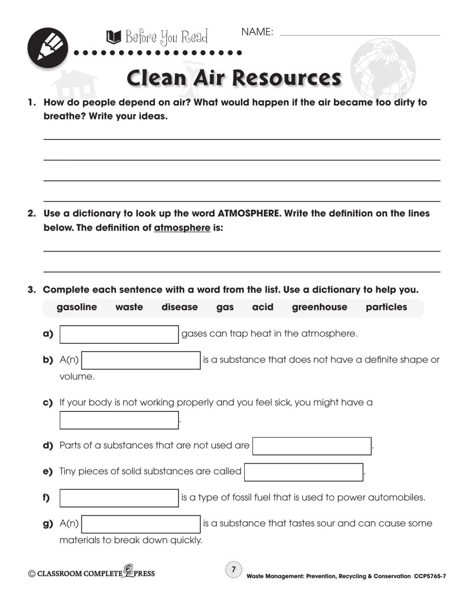 Before You Read: questions on depending on air, defining atmosphere, and fill-ins with gasoline, acid, particles